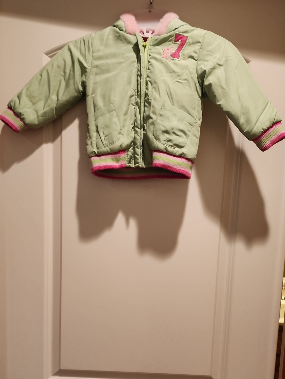 Toddler Girls Bright Lime Green & Pink Hooded Winter Jacket - Size 2T
